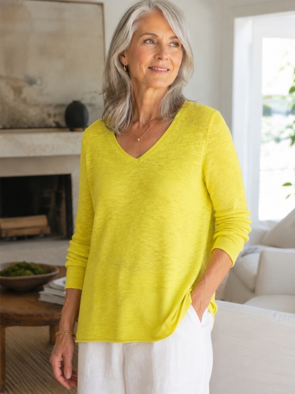 Eileen Fisher Yellow Organic Linen Cotton V Neck Knit Sweater Small SP